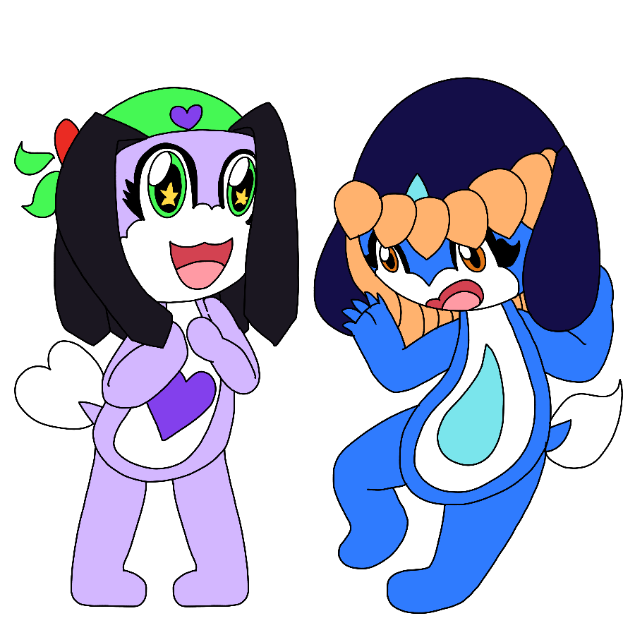 The two children from before as Keronians. The first is now a lavender tadpole with her human hairstyle who wears a green bandanna with a red heart charm on the knot and a purple heart-shaped badge, has a purple heart-shaped belly emblem and a heart-shaped tail and face markings, and grins widely with sparkling eyes. The girl is now a sky blue tadpole with a simplified version of her human hairstyle who wears a deep blue Keronian hat with a cyan raindrop badge on it, has a cyan raindrop-shaped belly emblem and a raindrop-shaped tail and face markings, and shouts out in panic as she examines her new form.