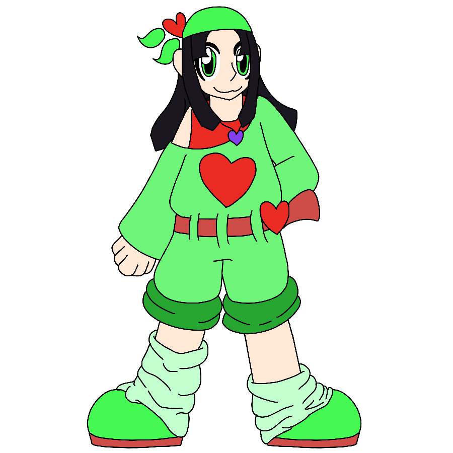 A reference for the artist's Sgt. Frog fan character, a thin human child with long, dark purple hair cut into square bangs and long sides and ends with diamond-shaped tips, green eyes, and pale skin who wears a green and red outfit and a purple heart-shaped pendant. She smiles and stands with one arm behind her back.