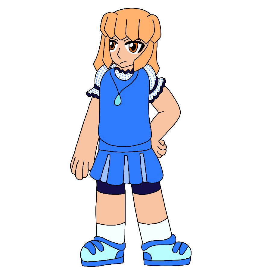 A reference for the artist's Sgt. Frog fan character, a thin human child with sandy blonde short hair with bangs, sides, and ends that have diamond-shaped tips, orange eyes, and peach skin who wears a blue and white outfit and a cyan raindrop-shaped pendant. She frowns with raised brows and a hand on her hip.