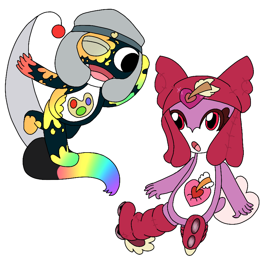 A reference for two of the artist's Sgt. Frog fan characters. The first is a dark teal Keronian man with one closed eye, a belly emblem that resembled an art palette, and rainbow-colored splatters on various parts of his body who wears a grayish-teal cap that vaguely resembles an artist's beret and has an art palette-shaped badge on the band who smiles and looks ahead as he swings from a large rainbow-tipped mechanicl paintbrush. The second is a moderate pink Keronian woman with wing-shaped horns, heart-shaped face markings, red eyes with dark pink eyeshadow, a belly emblem shaped like a heart with a cupid arrow stuck in it, and an off-pink, heart-shaped tail. She wears a heart-shaped, dark magenta hat with faint stitches, a dark pink heart-shaped patch in the middle, and an off-color version of her belly symbol as the badge and boots of the same color with scuffed and scratched wheels and hearts with wings on the heels as she floats.