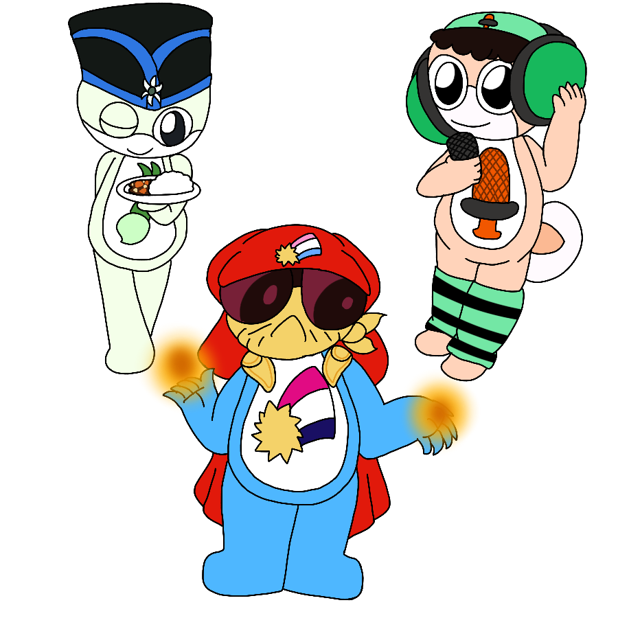 A reference for three of the artist's Sgt. Frog fan characters. The first is a greenish-white Keronian with a belly emblem shaped like a bulb on the stalk and moderate tadpole markings who wears a black and blue Japanese chef hat with a garlic flower-shaped badge who winks and holds out a plate of curry, the second is a sky blue Keronian with a shooting star-shaped belly symbol who wears a bulky red hat with a badge shaped like a shooting star, dark magenta sunglasses, a yellow bandanna mask, and a red cape with gold buckles who stands while holding out balls of light, and the third is a peach-colored Keronian woman with off-color face markings and tail, fluffy blakc hair, and a belly emblem shaped like a microphone who wears a light green cap with a badge shaped like a microphone, a pair of headphones, and light green and black striped legwarmers.