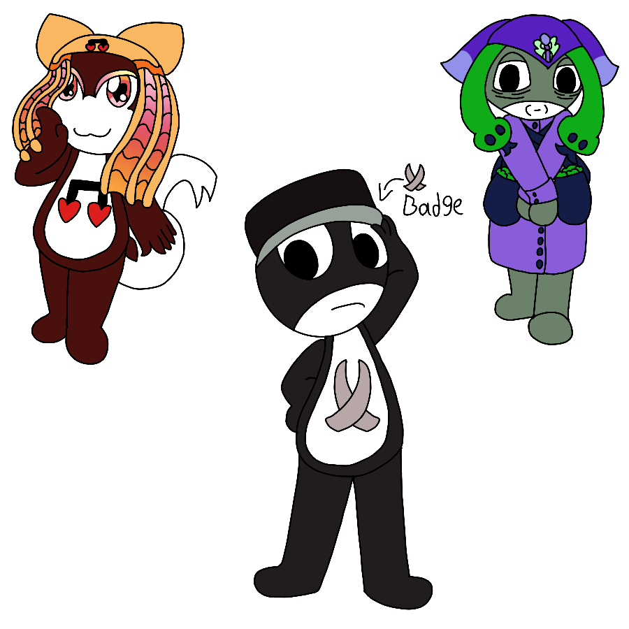 A reference for three of the artist's Sgt. Frog fan characters. The first is a burgundy Keronian tadpole with a belly emblem shaped like an eighth note with hearts, a music note-shaped tail, and warm-colored eyes with gradient light yellow to pink makeup who wears a light orange hat with wavy, warm-colored gradient flaps, cat ear-like horns, and a badge shaped like an eighth note with hearts that smiles smugly with a hand to her face. The second is a reddish-black Keronian man with a belly emblem shaped like clashing blades who wears a blakc military hat with a light grayish-green visor that has an arrow pointing to it showing the unseen badge, which is identical to his belly emblem, and he frowns as he stands tall and adjusts his cap. The third is an elderly Keronian woman with dark gray-green skin who wears a purple cap with curved cat eat-like horns that have lighter tips, flaps shaped like snakes, and a caduceus-shaped badge, a long purple button-up cloak, and twin bags stuffed with plants who frowns with hands clasped.
