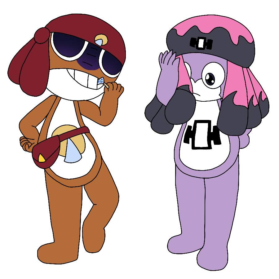 A reference for two of the artist's Sgt. Frog fan characters. The first is a brown Keronian man with graident purple eyes and a purple gradient shadow over his face with a belly emblem shaped like a pie chart/fortune cookie who wears a dark red hat bandanna with a badge identical to his belly emblem and a burgundy fanny pack, and leans as he uses a toothpick to pick a fortune cookie's fortune from his mouth. The second is a dull lavender Ankeromu with a belly emblem shaped like the astrological 1198 Atlantis symbol who wears a round dark gray and pink wave cap with multiple flaps and a badge shaped like the astrological 1198 Atlantis symbol, and looks down on themself in confusion.