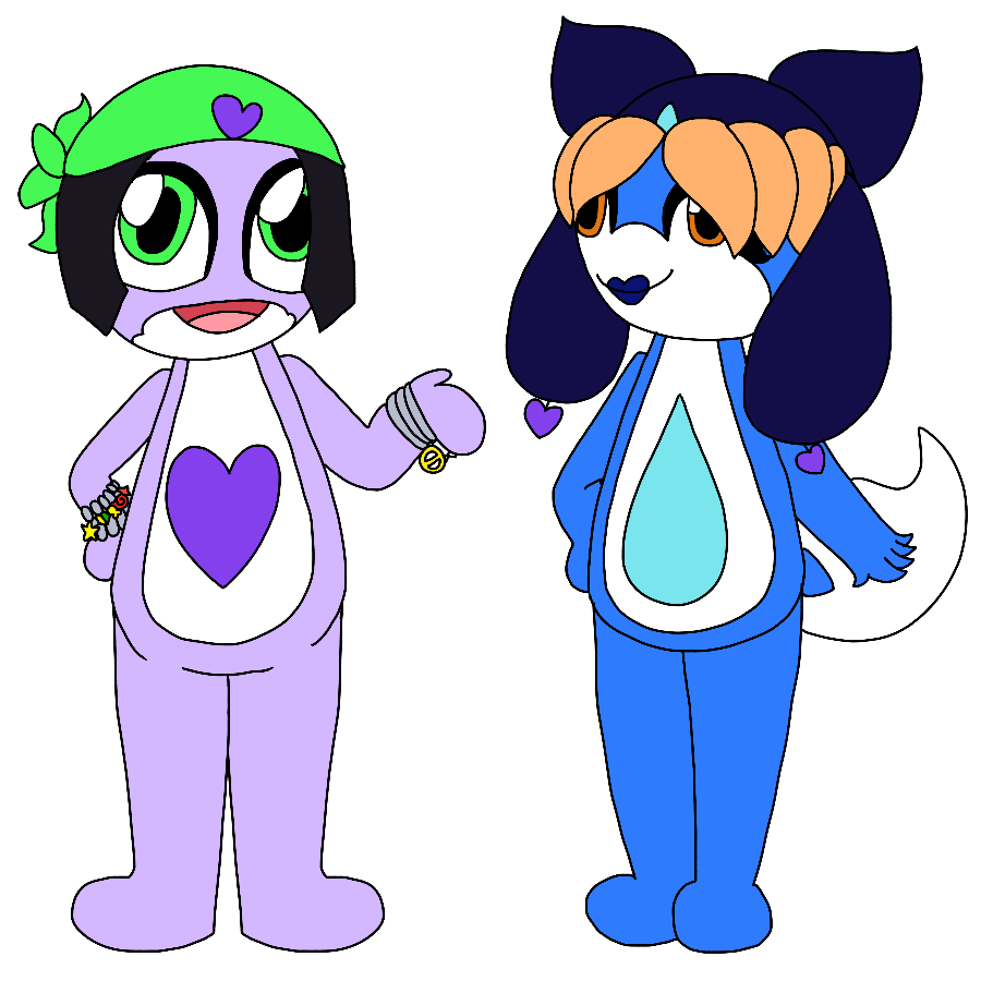 A drawing of the artist's orikeros as adults. One is a lavender Keronian with heart-shaped face markings, green eyes, a purple heart-shaped belly emblem, and short, choppy deep purple hair who wears a bright green bandanna with a badge shaped like a purple heart and multiple charm bracelets, and he talks with a hand held other. The other is a Keronian woman with blue skin, raindrop-like markings, horns, and tail, orange eyes, sandy blonde bangs, and a belly emblem shaped like a raindrop who wears a deep blue hat with an aqua raindrop badge and purple heart-shaped charms hanging from the flaps and dark blue lipstick, and she poses confidently.