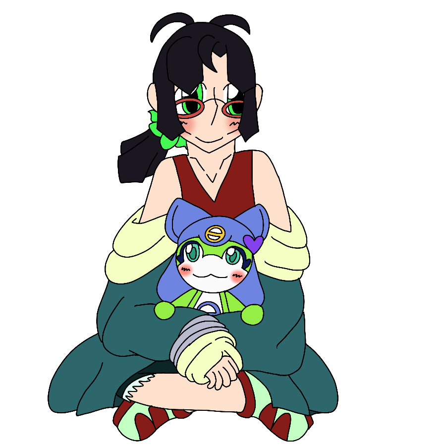 The thin, pale-skinned human from before smiling and blushing as he sits cross-legged. Sitting in his lap is an adult Karara from Sgt Frog, who smiles and blushes as she looks up at him.
