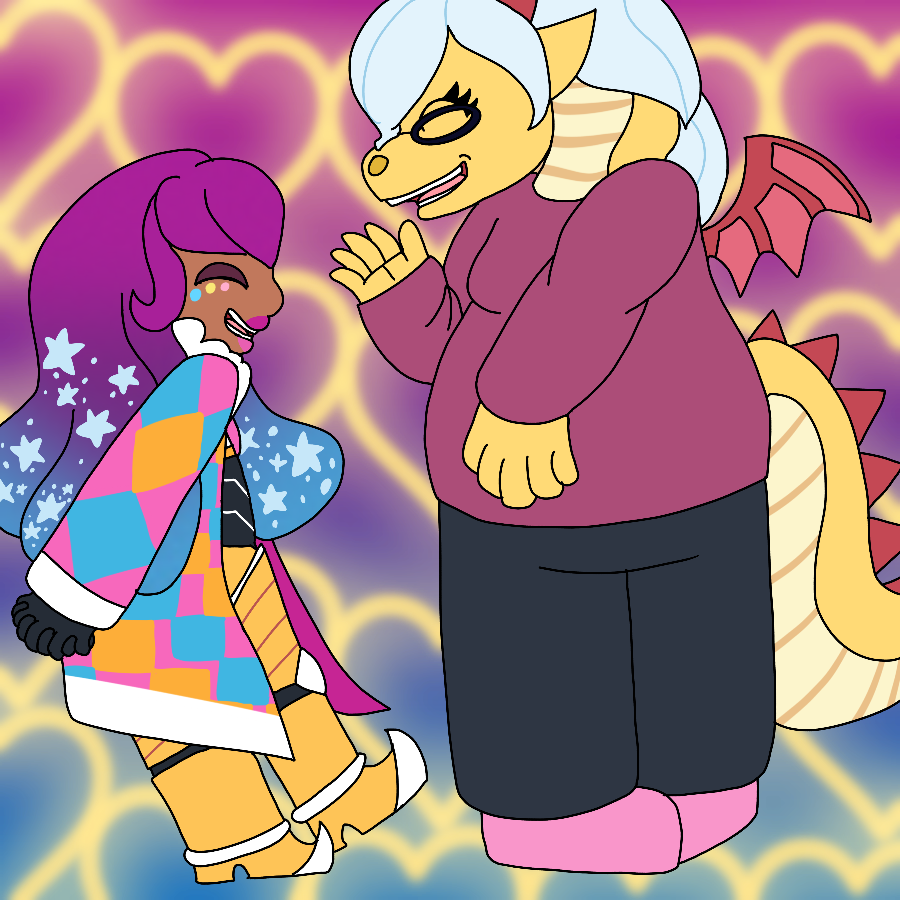 Verena and Zinnia from Super Lesbian Animal RPG smiling and talking to each other against a purple to blue gradient background covered in glowing yellow hearts. They are depicted as they were when they first met.