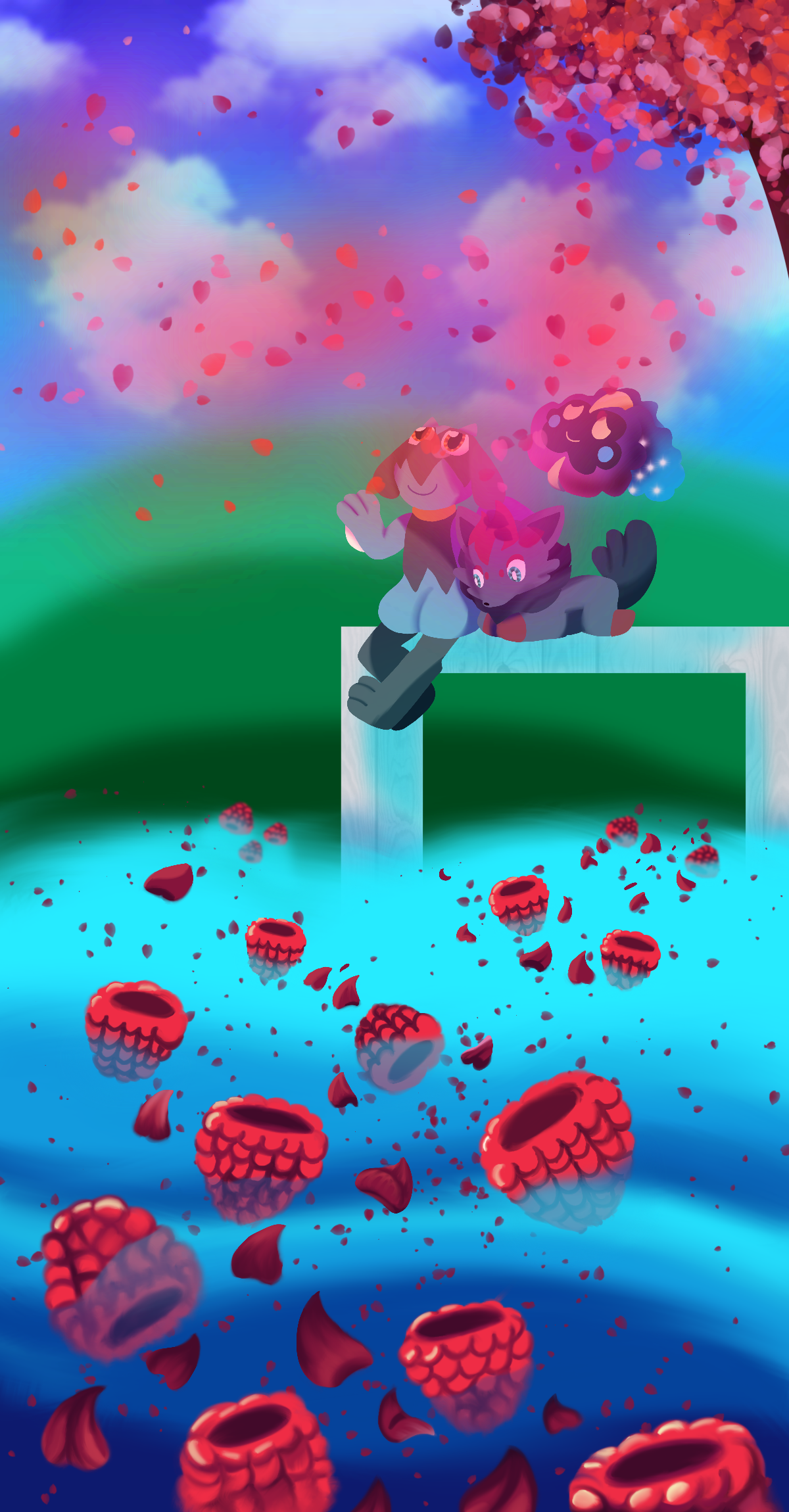 Lineless digital art of a Riolu, a Unovan Zorua, and a Cosmog sitting at a pier by a lake filled with rasperries and flower petals dropped by the flowering tree above them. The Riolu smiles and holds up a paw as it and the Cosmog admire the cascading flower petals while the Zorua look at the lake.