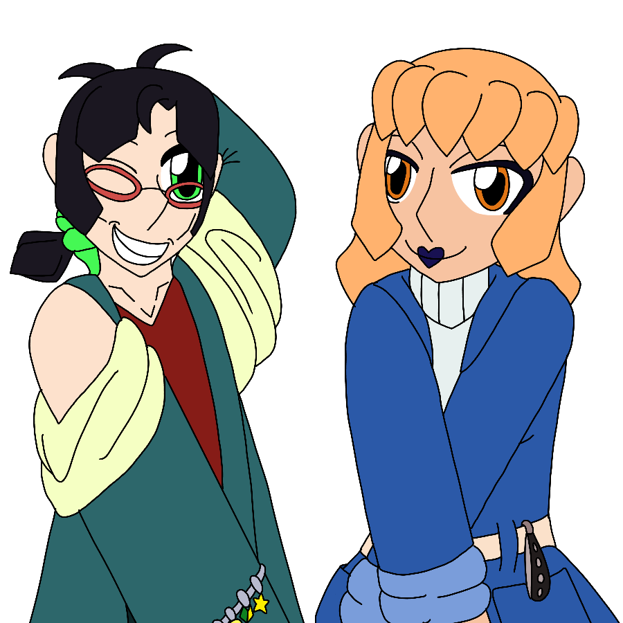 The same Keroro original characters from before, but as adult humans. The first is a thin, pale-skinned person with green eyes and short, choppy deep purple hair kept in a ponytail who wears round glasses, a bright green hair tie, an oversized dull teal and cream jacket, a burgundy tank top, and a charm bracelet who winks and smiles as he holds a hand behind his head. The second is a thin woman with peach skin, orange eyes, and short sandy blonde hair who wears deep blue lipstick, an ice blue turtleneck, and a blue trenchcoat with a pocket knife hanging from the belt who smiles with arms crossed.