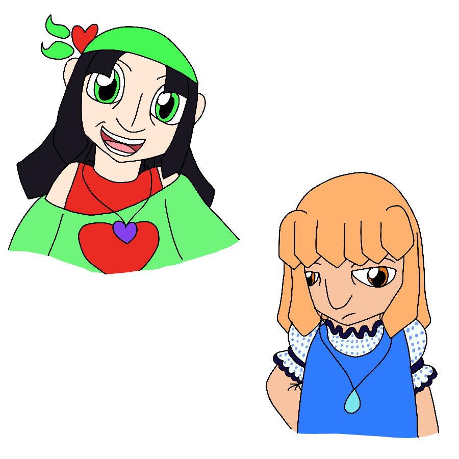 The artist's Sgt Frog fan characters drawn in his usual art style. The first is a thin human child with long, dark purple hair cut into square bangs and long sides and ends with diamond-shaped tips, green eyes, and pale skin who wears a green and red outfit and a purple heart-shaped pendant who smiles widely, and the second is a thin human child with sandy blonde short hair with bangs, sides, and ends that have diamond-shaped tips, orange eyes, and peach skin who frowns and looks aside with a hand behind her back.