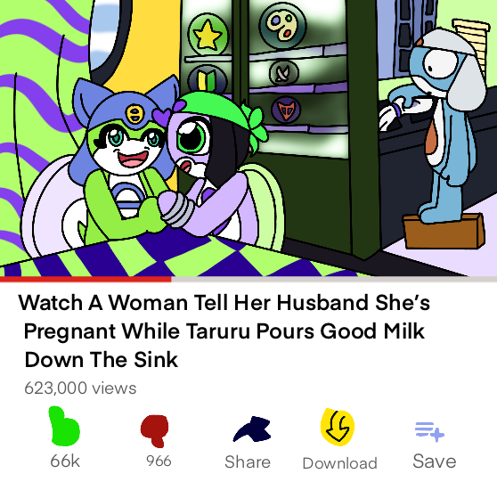 A redraw of the Watch This Woman Tell Her Husband She's Pregnant While Conan O'Brien Pours Good Milk Down The Sink meme, but with adult versions of Karara from Sgt Frog and the artist's Orikero as the couple and Taruru as Conan O'Brien. The Youtube icons are stylized to resemble the members of the Keroro Platoon and their emblems, while the view count is changed to 623,000 views and the like and dislike counts are changed to 66k likes and 966 dislikes.