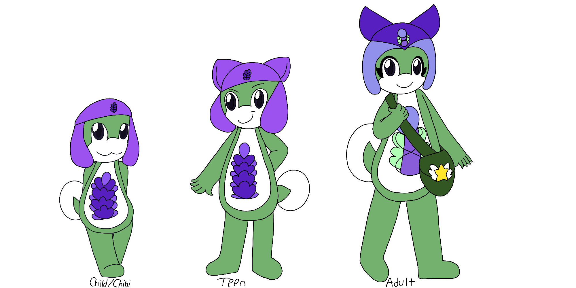 A reference of the artist's orikero, a dull green Keronian woman, as a child, a teenager, and a young adult, with each stage of life written underneath the reference. As a child, she wears a light purple hat and has a lavender flower as her emblem and badge. Her teenage self looks identical to her child self, but is taller and now has horns. As a young adult, her horns are longer, she now wears makeup, her emblem and badge are changed to a caduceus, and she wears an indigo hat with curved light indigo flaps and a dark green bag with a latch shaped like a star with wings.
