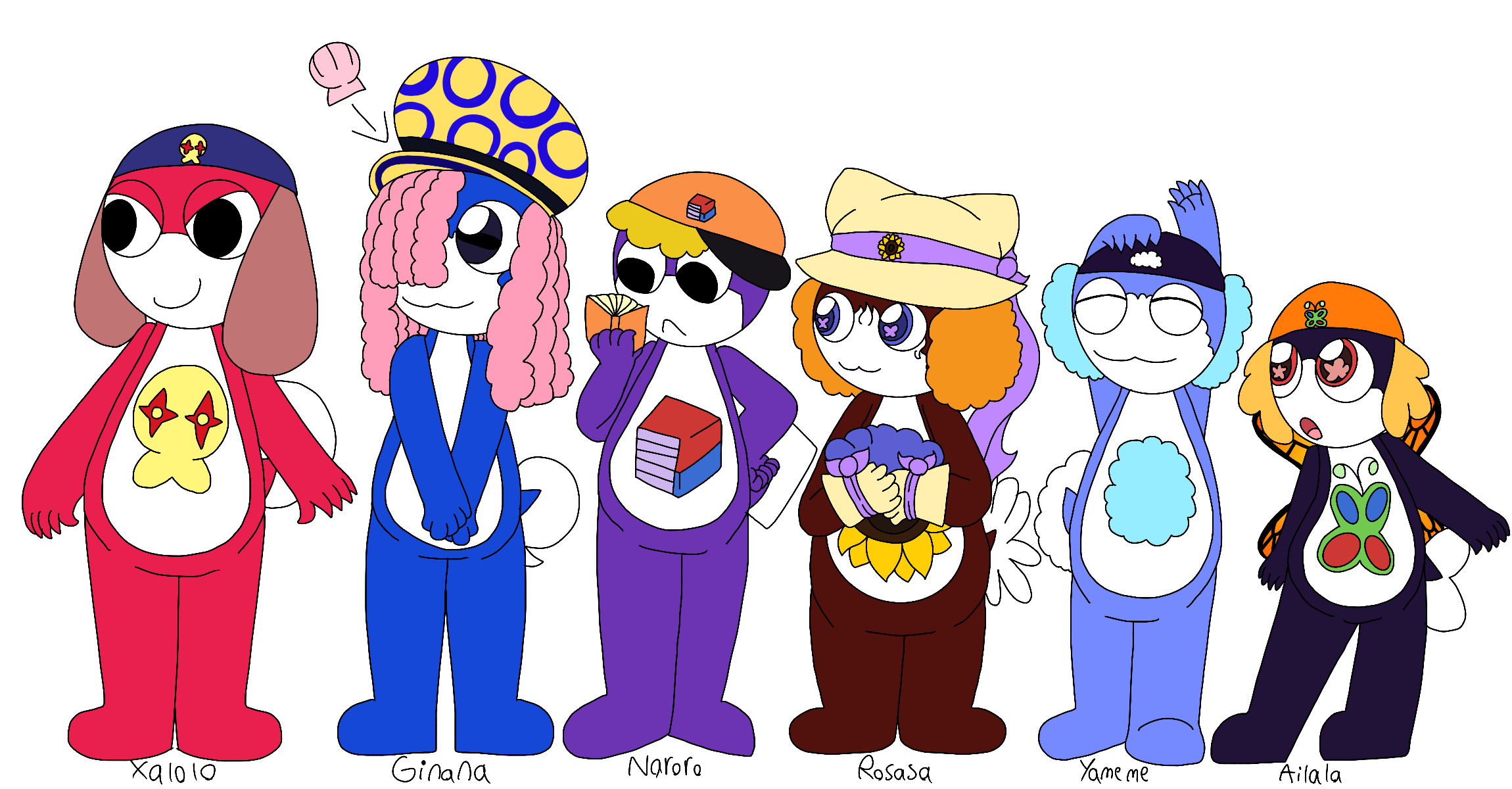 A lineup of six Keronian tadpoles standing in a row in varying expressions and poses. Each tadpole has thier name written underneath them.