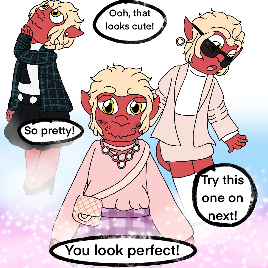 Doodles of Andrew Oikonny from Star Fox, depicted here as a trans woman, trying on various feminine outfits with expressions ranging from curious to happy as she poses against a sparkly, trans pride flag-colored gradient background. Speech bubbles around her say ooh, that looks cute!, So pretty!, Try this one on next!, and you look perfect!