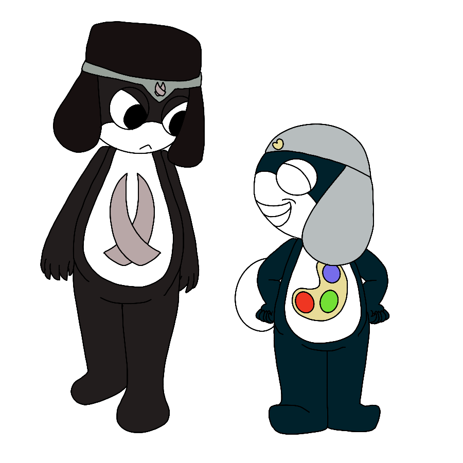 A drawing of the artist's orikeros as chibis/tadpoles. One is a tall, reddish-black tadpole with a black square hat that has a dull teal band around it with a badge shaped like his belly emblem, a pair of crossed swords, and he frowns as he looks down at the other tadpole, a dark teal, shorter tadpole with a gray had that has a badge shaped like an artist's palette on it and a belly emblem of the same shape, who smugly smiles up at him.