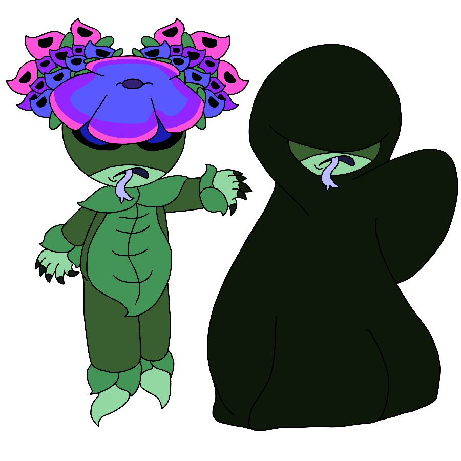 A reference for the artist's Sgt. Frog fan character, a dark green Keronian woman with lighter green markings, leaves over her chest, wrists, and ankles, clawed hands, curved feet, a snake's forked tongue, blue eyes with black sclera, a giant hydrangea flower blooming atop her head and two bundles of snake head-shaped hydrangeas where her horns would be. She is shown in full and wearing an oversized hooded cloak that covers almost all of her body.