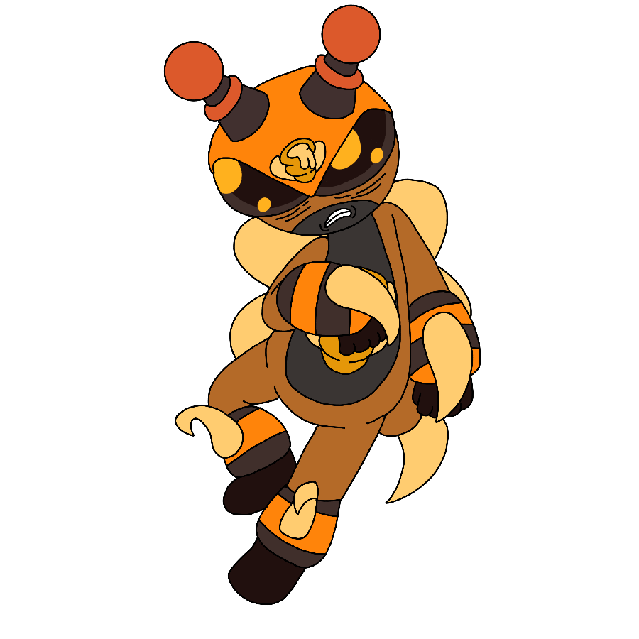 A reference for the artist's Sgt. Frog fan character, a honey brown elderly Keronian woman with black markings and light amber bee wings who wears bee-themed armor and has a honeypot with wings as her emblem. She leans back with a scowl.