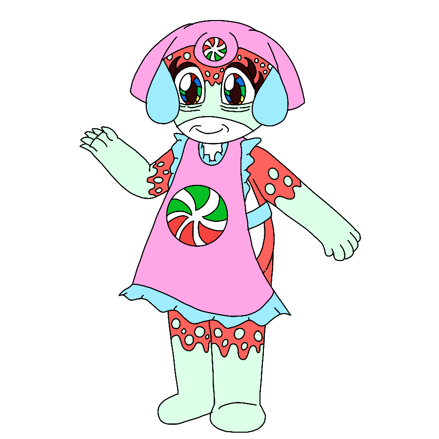 A reference for the artist's Sgt. Frog fan character, a light red elderly Keronian woman with wavy and spotted mint green markings and rainbow swirl eyes who wears a pink horned hat with light blue teardrop-shaped flaps and a badge shaped like a peppermint candy with red stripes on top and green stripes on the bottom, and a pink apron with blue frills and strap and a version of the peppermint candy emblem with the strip colors reversed on it. She smiles and waves.