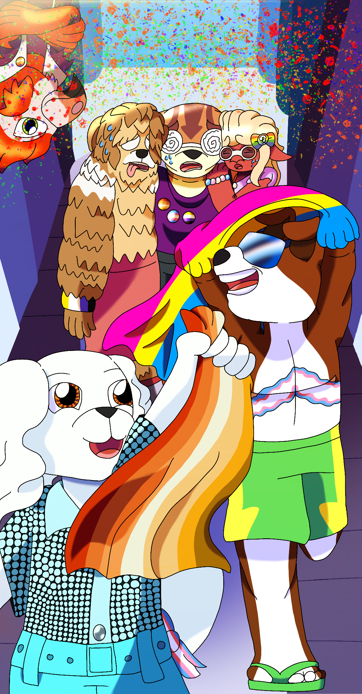 Fanart of Star Spaniel, the artist's fanmade team for Fay from Star Fox, celebrating Pride in Corneria as rainbow confetti falls down. They are all wearing Pride memorabilia and casual wear, and from the bottom to the top, it shows Fay Spaniel and Bill Grey grinning and running while holding Pride flags, and behind them, Quinn, a fan interpretation of Star Fox 2's scrapped collie pilot, Miyu Lynx (depicted here as a fat nonbinary person), and Aelita Oikonny (a transfem interpretation of Andrew Oikonny) cling to each other while sweating profusely in the heat. In the corner, Fara Phoenix, depicted here as a red anthropomorphic flamingo, hangs upside-down while grinning and crossing her arms