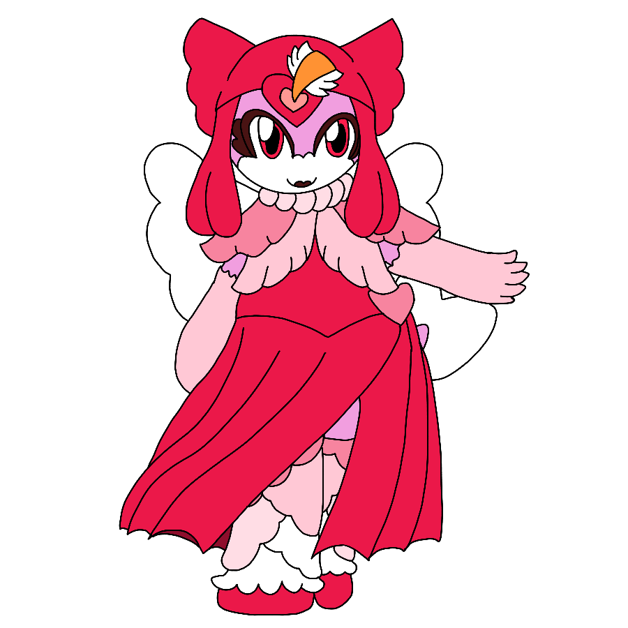 Fanart of the artist's Sgt. Frog original character, a pink Keronian woman with red eyes and a heart-shaped tail and markings, posing with a hand held out. She wears a magenta hat with heart-shaped flaps and wing-shaped horns, dark magenta lipstick and mascara, a light pink pearl necklace, a pink layered dress with white angel wings, pink opera gloves, and pink and white boots layered with wings, and her emblem is a heart struck by an arrow.