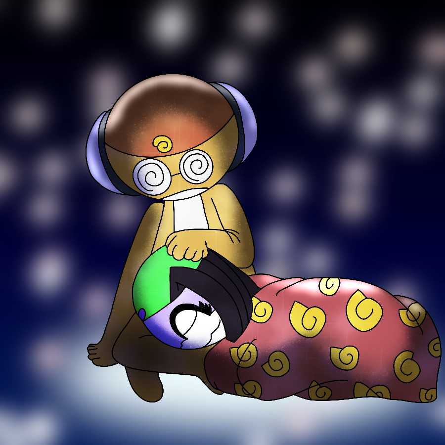 Sergeant Major Kururu from Sergeant Frog and the artist's original character, a lavender tadpole with dark purple hair cut into square bangs and long sides and heart-shaped face markings who wears a green bandanna with a purple heart-shaped badge, sitting together in a dark, starry space. The original character is sleeping with her head in Kururu's lap and his hand on her head, and a blanket printed in Kururu's emblem is draped over her.