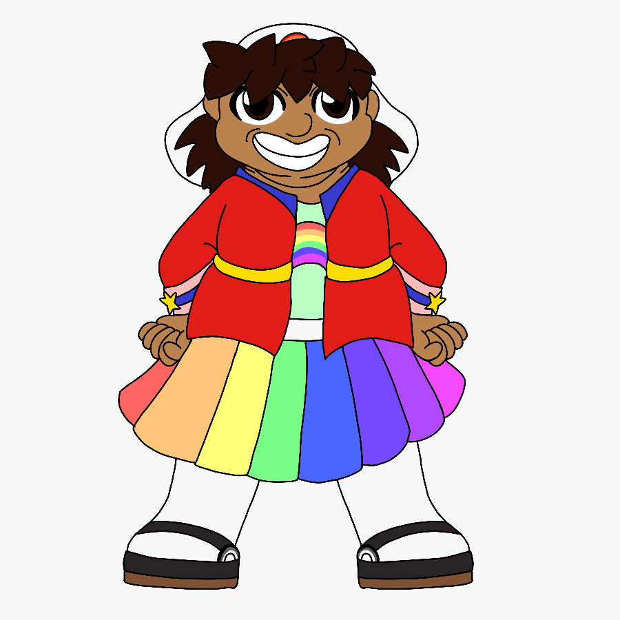 The artist's Sgt Frog original characters standing with a wide smile. She is a fat child with tanned skin, spiky brown hair, and brown eyes who wears a rainbow-colored outfit and a white Keronian-style hat with a rainbow badge on it.