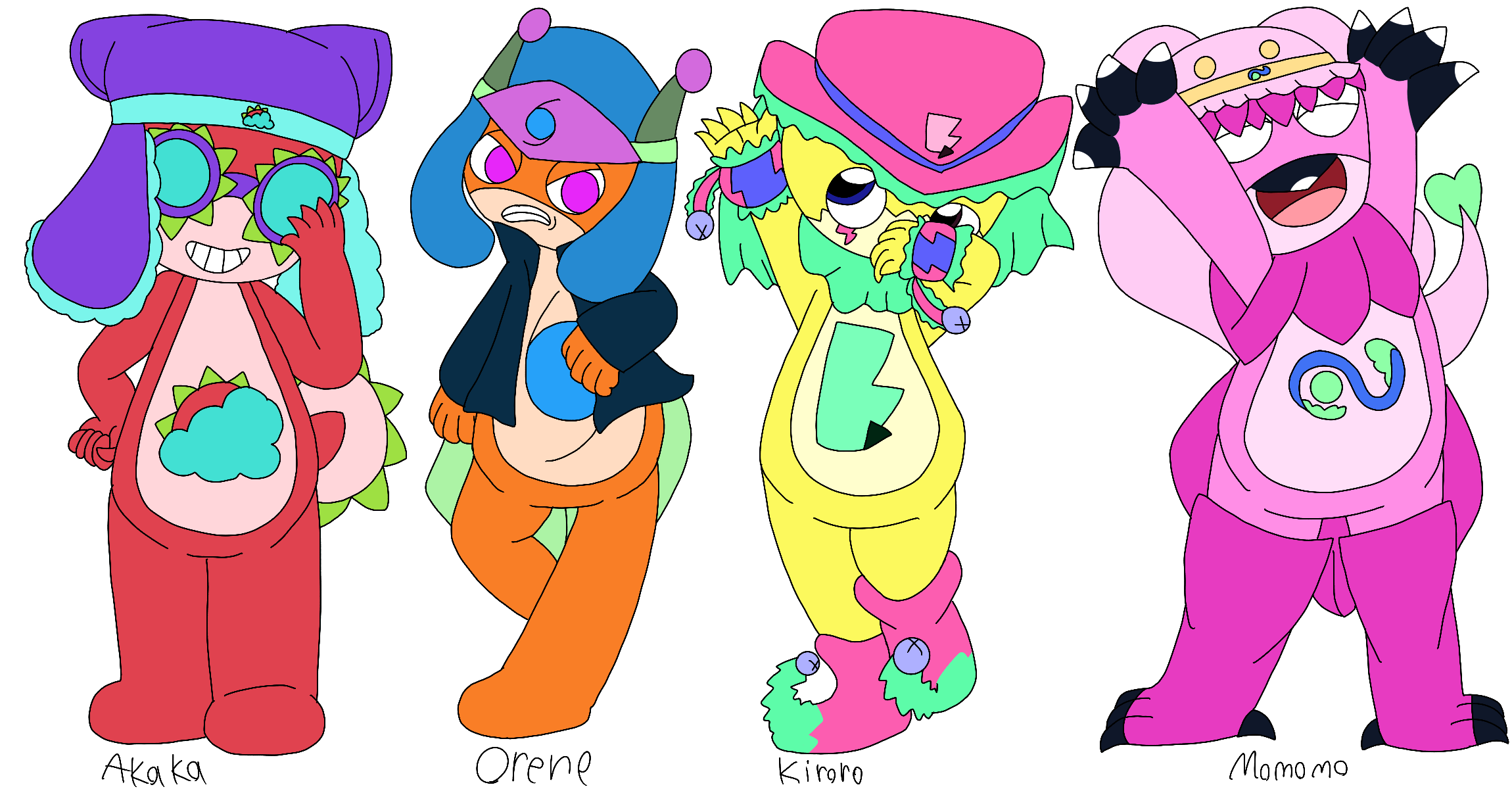 Four of the artist's Sgt Frog original characters posing together with their names written underneath them. They are a red Keronian woman in a pilot's hat and goggles whose emblem is a sun peeking out from a cloud; an orange Keronian man in a hat with antenna and a trenchcoat whose emblem is a tropical storm/hurricane symbol; a yellow jester Keronian who wears a hat with a veil, puffy armbands with bells attached to them, and jester shoes whose emblem is a heavy thunderstorm icon; and a Keronian/flamingo hybrid who wears a vaguely shrimp-themed jester hat and whose emblem is a freezing rain symbol with wings.