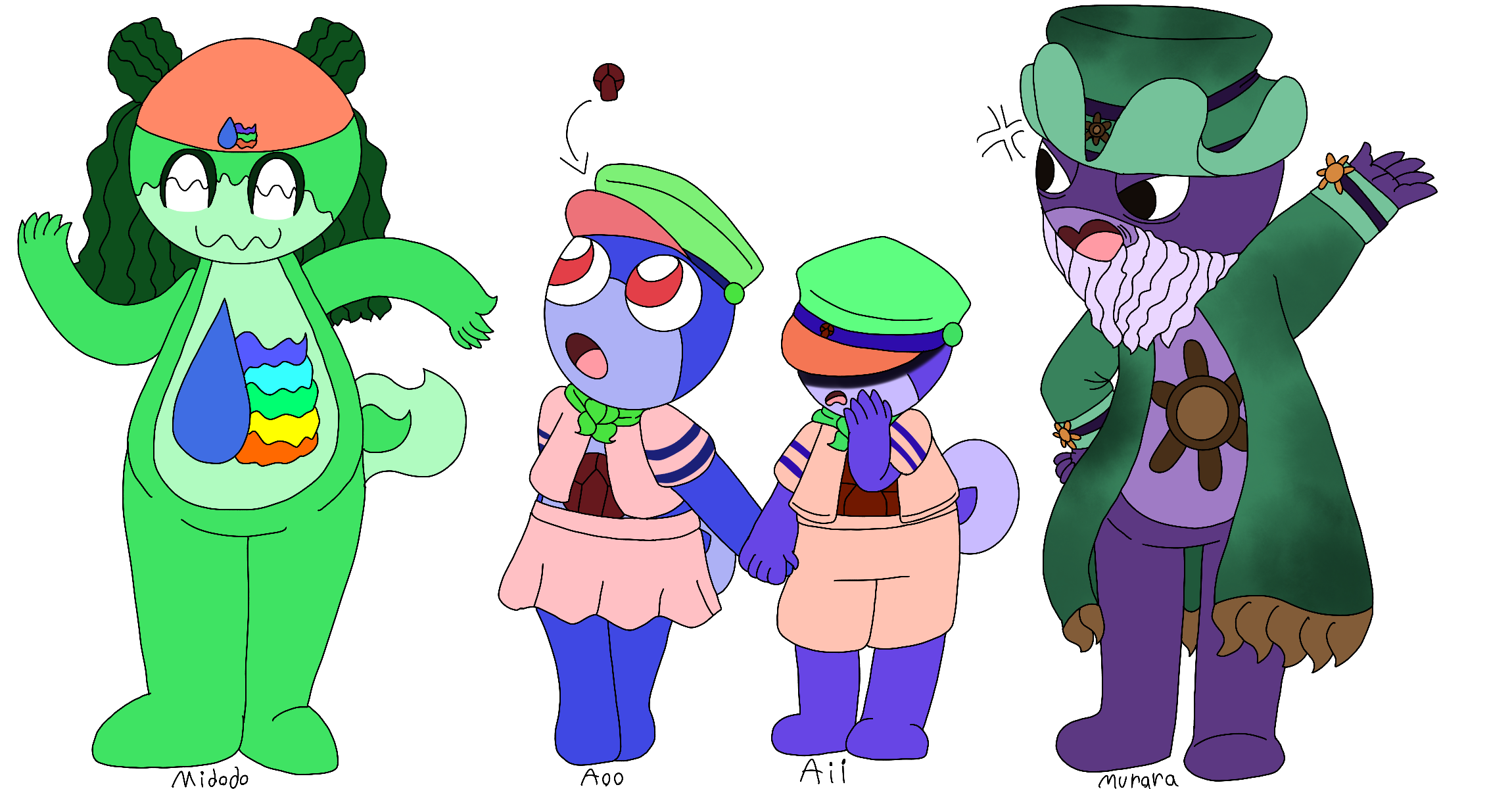 Four of the artist's Sgt Frog original characters posing together with their names written underneath them. They are a green Keronian with wavy markings and tadpole tail and bundles of seaweed attached to their hat and styled like hair whose emblem is a teardrop with waves coming from it; a blue tadpole in a sailor uniform with a skirt whose emblem is a stylized ship's steering wheel; an indigo tadpole in a sailor's uniform with shorts who has a stylized steering wheel as their emblem; and an elderly purple Keronian with a long beard who wears a pirate captain's hat and coat and has a ship's steering wheel as their emblem.