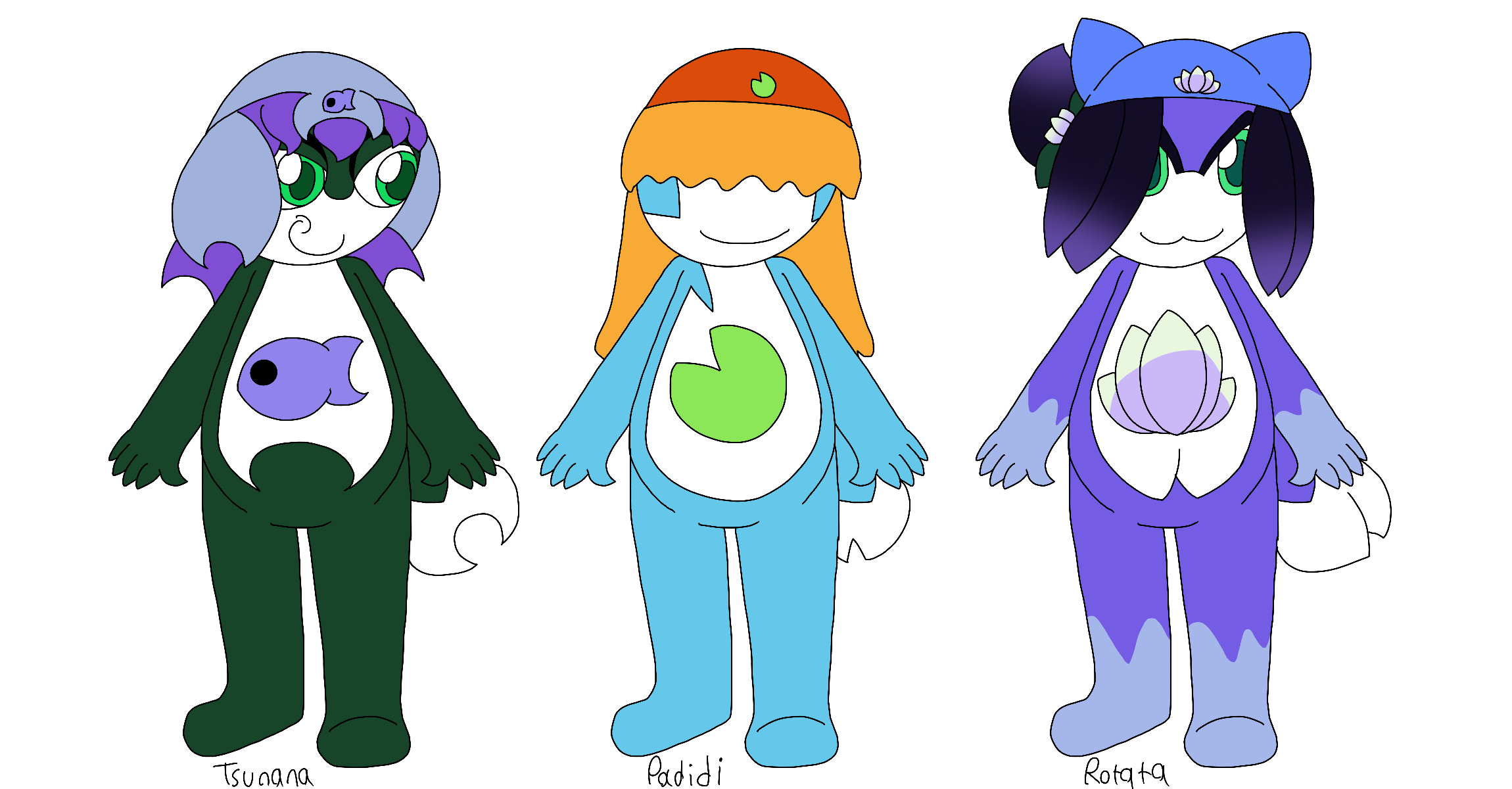 Three of the artist's Sgt Frog original characters, a trio of Keronian tadpoles, standing in a row with their names written underneath them. They are a dark green tadpole with short purple hair, seafoam green eyes, an emblem shaped like a fish, and curved markings and tail who wears a curved dull teal hat, a sky blue tadpole with long orange hair, square and chipped markings and tail, and a lilypad emblem who wears a red cap, and a purple tadpole with light blue hands and feet, short black to purple gradient hair kept in a small ponytail, seafoam green eyes, lotus flower-themed markings and tail, and a lavender and mint green lotus flower emblem who wears a cerulean horned hat and a hairtie shaped like a lotus flower.