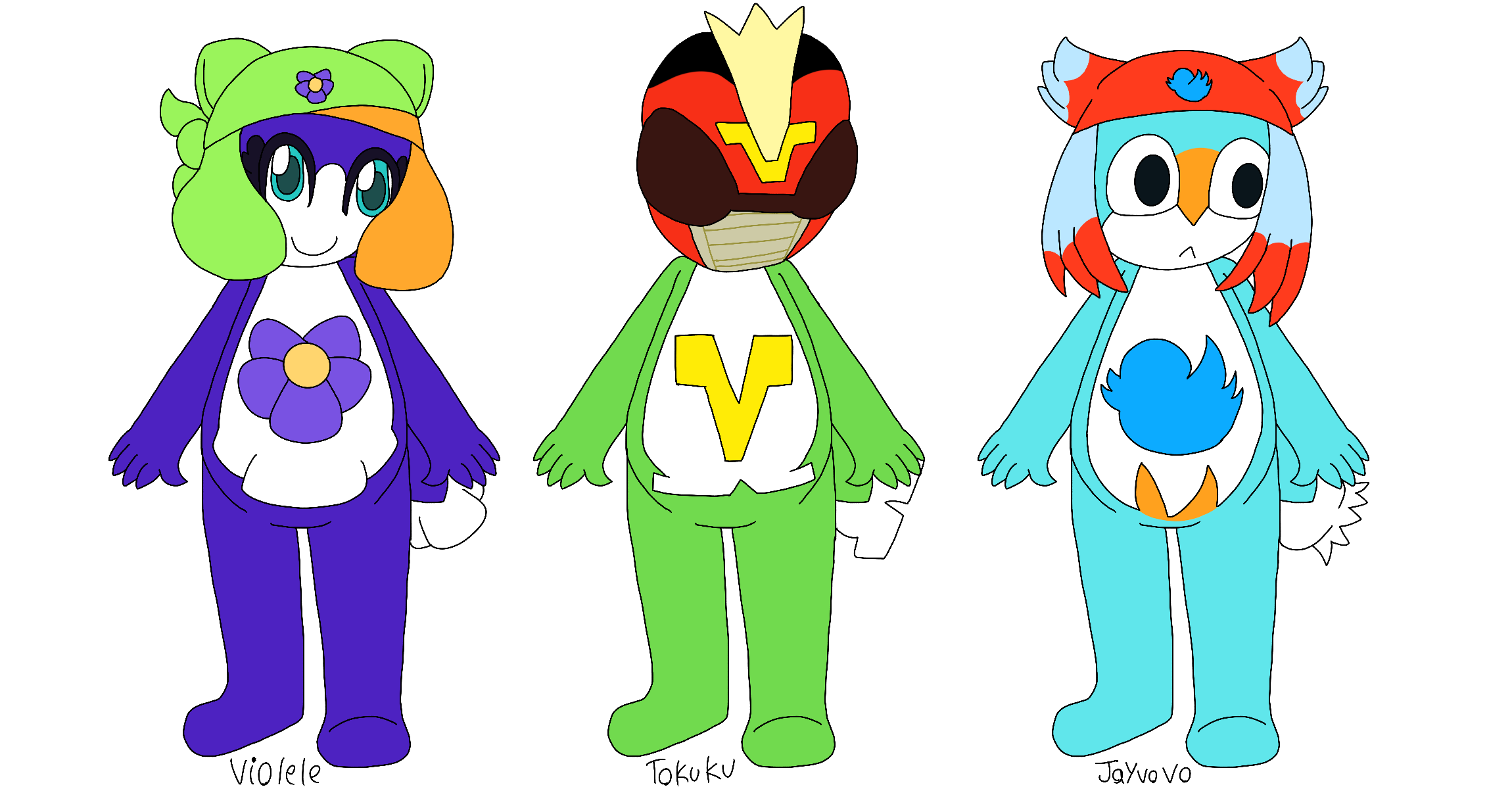 Three of the artist's Sgt Frog original characters, a trio of Keronian tadpoles, standing in a row with their names written underneath them. They are an electric purple tadpole with aqua eyes, flower petal-shaped markings and tail, and a violet flower emblem who wears a orange and orange wrapped and horned hat, a green tadpole with v-shaped markings and tail and a yellow V emblem who wears a red tokusatsu hero helmet, and an aqua tadpole with small black eyes, light orange accents with blueberry and triangle cut-themed markings and tail and a blue bird-shaped emblem who wears a red and light blue hat with flaps and horns shaped like bird wings.