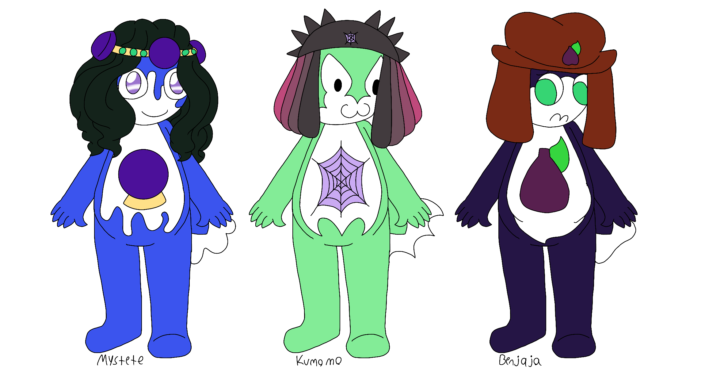 Three of the artist's Sgt Frog original characters, a trio of Keronian tadpoles, standing in a row with their names written underneath them. They are a cerulean tadpole with long and wavy dark green hair, wavy markings and tail, a crystal ball emblem, and glassy purple eyes who wears a bejeweled headband, a light green tadpole with small black eyes, spiderweb-themed markings and tail, and a lavender spiderweb emblem who wears a multi-horned hat in various shades of gray and pink, and a dark purple tadpole with green eyes, fig-themed markings and tail, and a fig emblem who wears a brown cowboy hat.