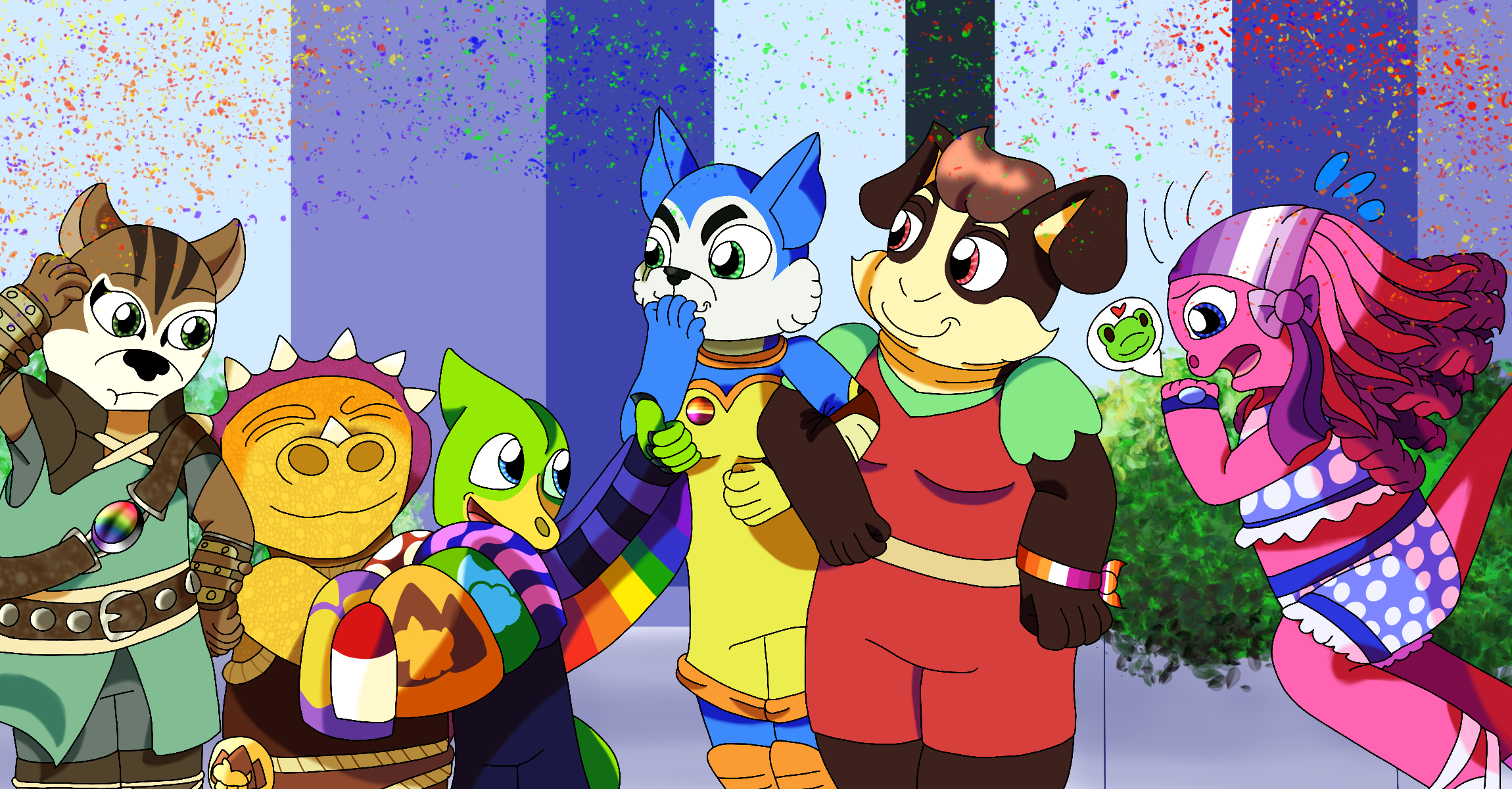 Fanart of various Star Fox and Dinosaur Planet characters celebrating Pride in Corneria as rainbow confetti falls down. Sabre, who wears gay and asexual pride memorabilia in addition to his usual attire, looks in confusion at Prince Tricky and Princess Kyte, who are both depicted as anthropomorphic dinosaurs, while Tricky holds a large bundle of various assorted Saurian flags and Kyte holds out a wing of the wingsuit she wears to show a rainbow. Krystal, depicted here in her Dinosaur Planet design with lesbian pride memorabilia, chuckles as she stands arm-in-arm with Lucy Hare, who is redesigned as a fat rabbit with brown fur and is also shown wearing lesbian pride memorabilia. Behind them, Amanada, who is redesigned to be an anthropomorphic axolotl in beach wear with femme lesbian pride memorabilia, frantically runs as she contacts Slippy over a wrist communicator.