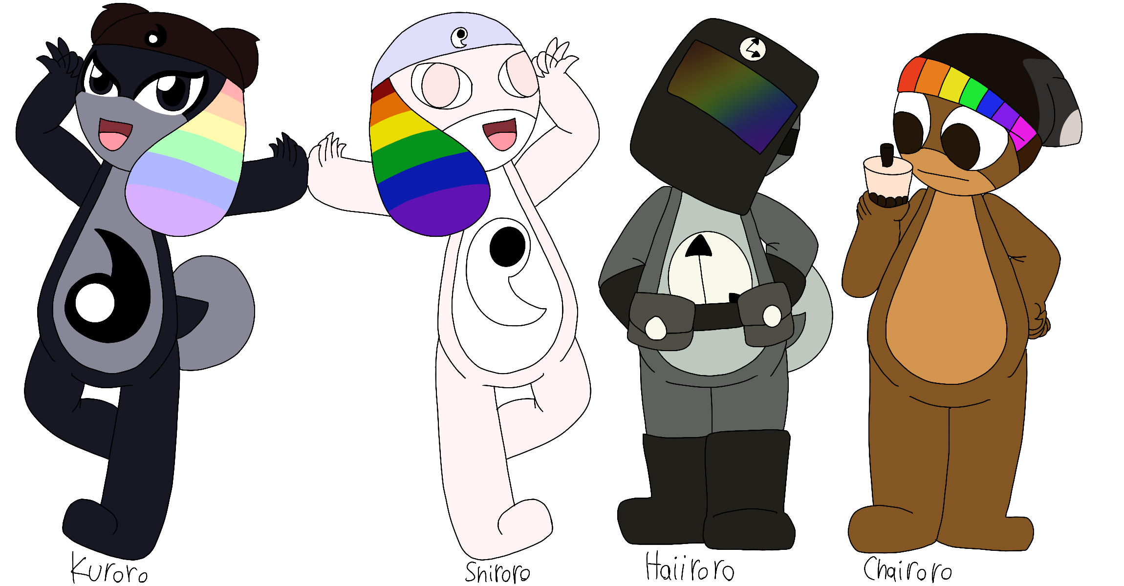 Four of the artist's Sgt Frog original characters posing together with their names written underneath them. They are a black Keronian woman with a yin symbol emblem and a single dark rainbow flap on her hat and a white Keronian man with a yang symbol emblem and a single light rainbow flap on his hat who pose together; a gray-green Keronian with a clock emblem who wears a blacksmith's mask and toolbelt; and a brown Keronian with a dark brown beanie that has a rainbow border and no emblem who confusedly looks at the cup of boba tea he's holding.
