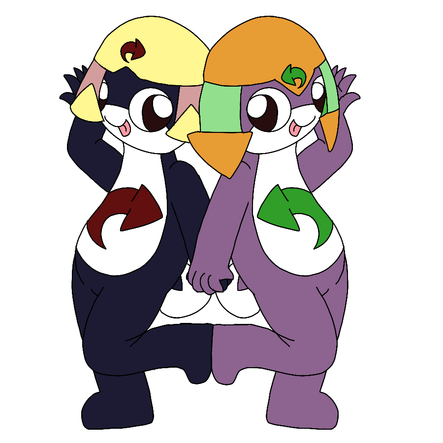 The artist's Sgt Frog original characters standing back to back with hands held, feet pushed together, and mirrored poses of them smiling and sticking out their tongues while holding up their other hands. The first is a dark purple tadpole with burgundy eyes, a light yellow and red hat that has a triangle-shaped cut underneath her emblem, which is a right-curved red arrow, and flaps that are folded upward in triangle shapes. The second is a purple tadpole with burgundy eyes, an orange and ligth green hat with a pointed tip under his emblem, which is a left-curved green arrow, and triangle-shaped points at the end of the flaps.
