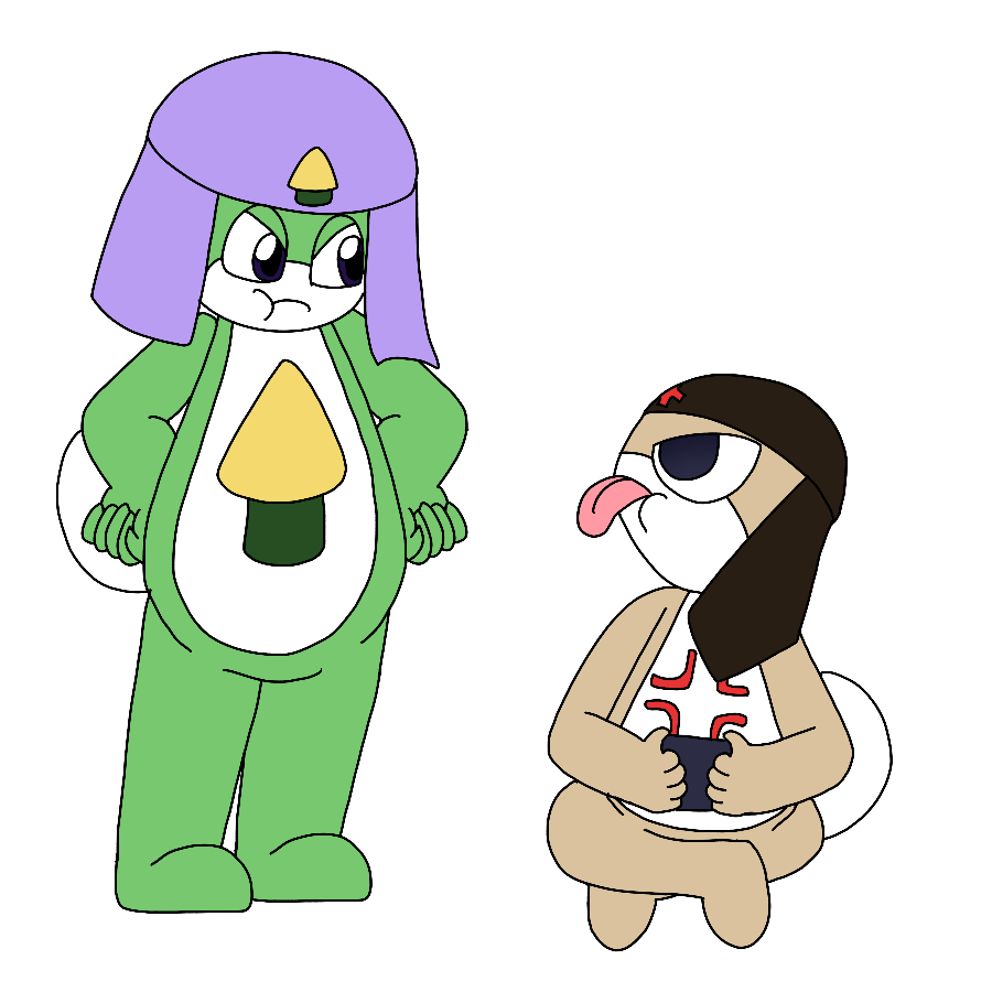 The artist's Sgt Frog original character, a green tadpole with a lavender hat, a yellow and green emblem that looks like a stylized conical tree, and deep blue eyes, pouting with hands on her hips as she stares at another original character, a tan tadpole with a dark brown hat and an emblem shaped like a red throbbing anime vein, who pouts and sticks his tongue out at her while playing a video game console.