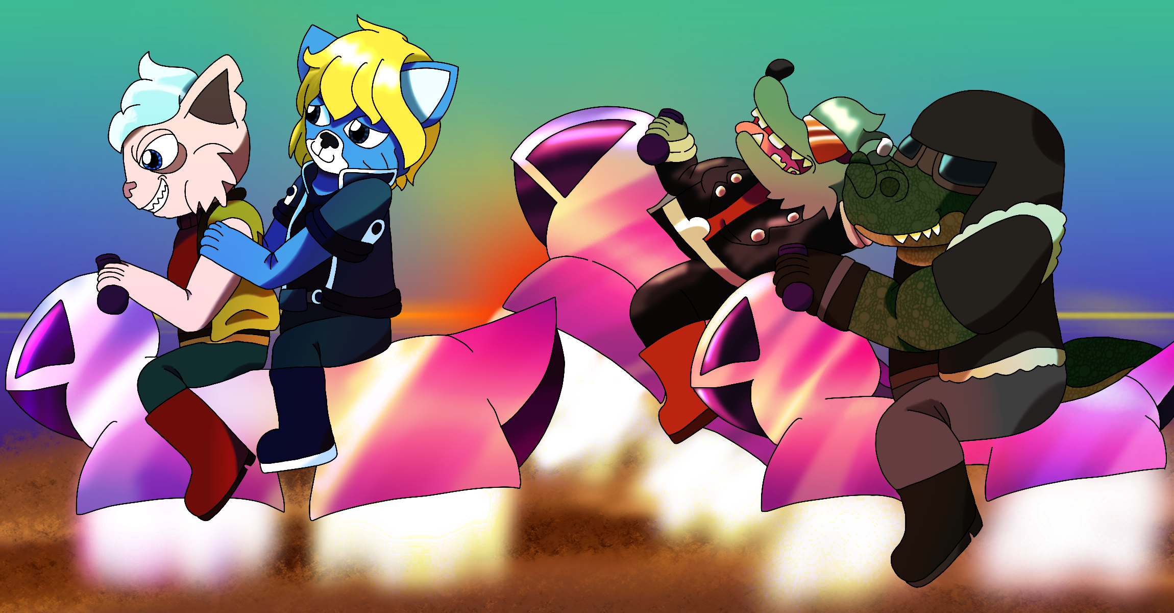Fanart of Free-As-A-Bird from Star Fox riding trans lesbian flag-colored space motorbikes against a rainbow-colored desert area. Katt, whose design fuses her 64 and 2026 designs, grins eagerly as she rides, while behind her, Kool, who is depicted here as a transgender woman, lovingly smiles and clings to Katt as she rides in the back seat. Behind them, Mousor and Bowsor, who are also depicted as transgender women, also ride. Mousor grins wildly and pops a wheelie as she throws her fist in the air, and Bowsor simply smiles as she rides.