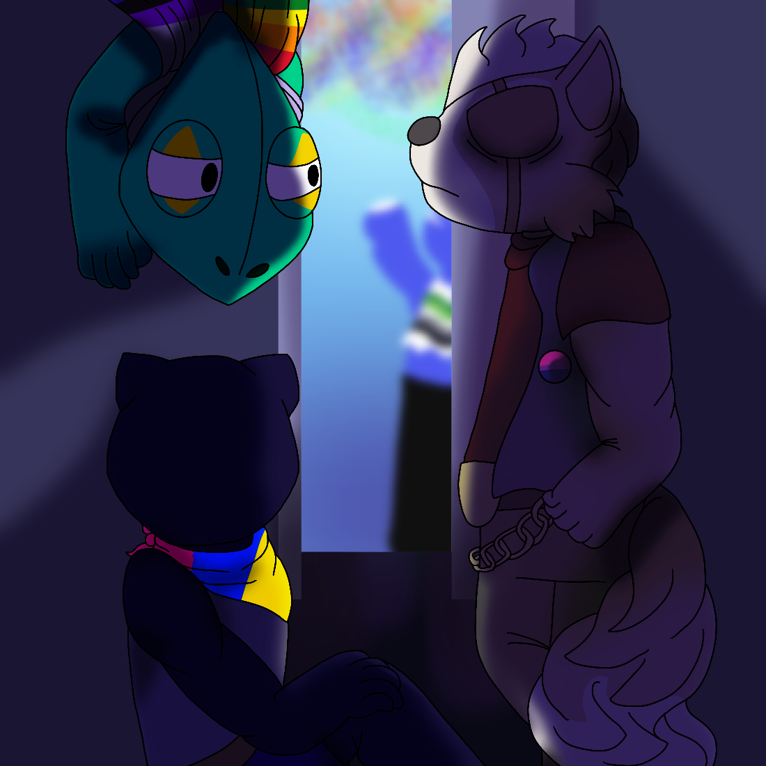 Fanart of Team Star Wolf, depicted here with their Assault lineup of Wolf, Leon, and Panther, hiding in a dark alleyway while witnessing a Cornerian Pride parade. They are all wearing casual wear and Pride memorabilia, and they have somber looks as they peer out the alleyway and vaguely see a celebrating Falco in the distance.