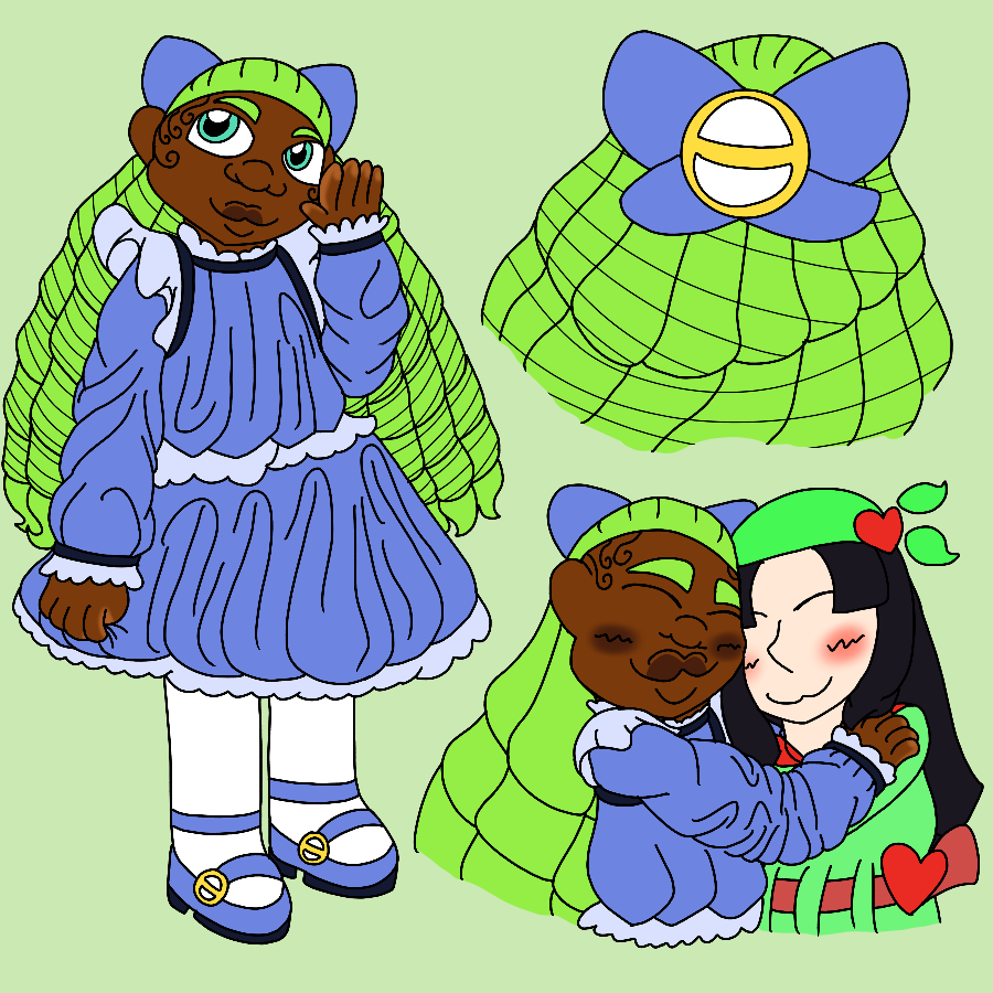 The artist's gijinka of Karara from Sgt. Frog. She is depicted as a Black girl with medium brown skin, lime green hair kept in ojou-style ringlets with baby hairs, and turquoise eyes who wears a frilly periwinkle dress, white stockings, and periwinkle Mary Janes with buckles shaped like her emblem, and she smiles wistfully with a hand held to her face and another clutching her skirt. Beside her is a back reference of her head, showing she wears a periwinkle bow with a large charm shaped like her emblem in the center, and a picture of her cuddling the artist's Sgt Frog oc, a pale-skinned child with dark hair who wears green and red clothing.