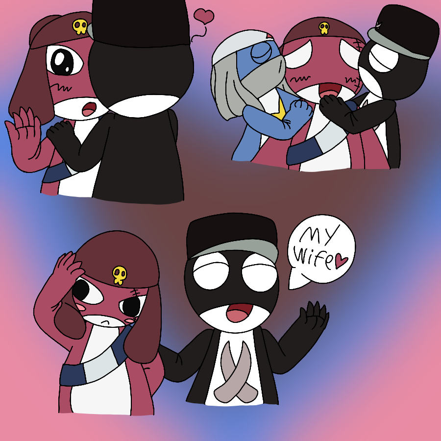 Three doodles depicting Giroro from Sgt Frog, who is depicted here as a transgender woman placed against a gradient background. The first shows her as an early-E trans woman with horn buds, and she is blushing as the artist's Sergeant Frog fan character, a reddish-black Keronian man who wears a black military hat with a light grayish-green visor, kisses her, with him being seen from the back. In the second, Giroro is pre-transition and awkwardly blushes and looks aside as the original character, now viewed from the front, lovingly calls her his wife. In the third, Giroro is elated as both the original character and Dororo kiss her cheeks.