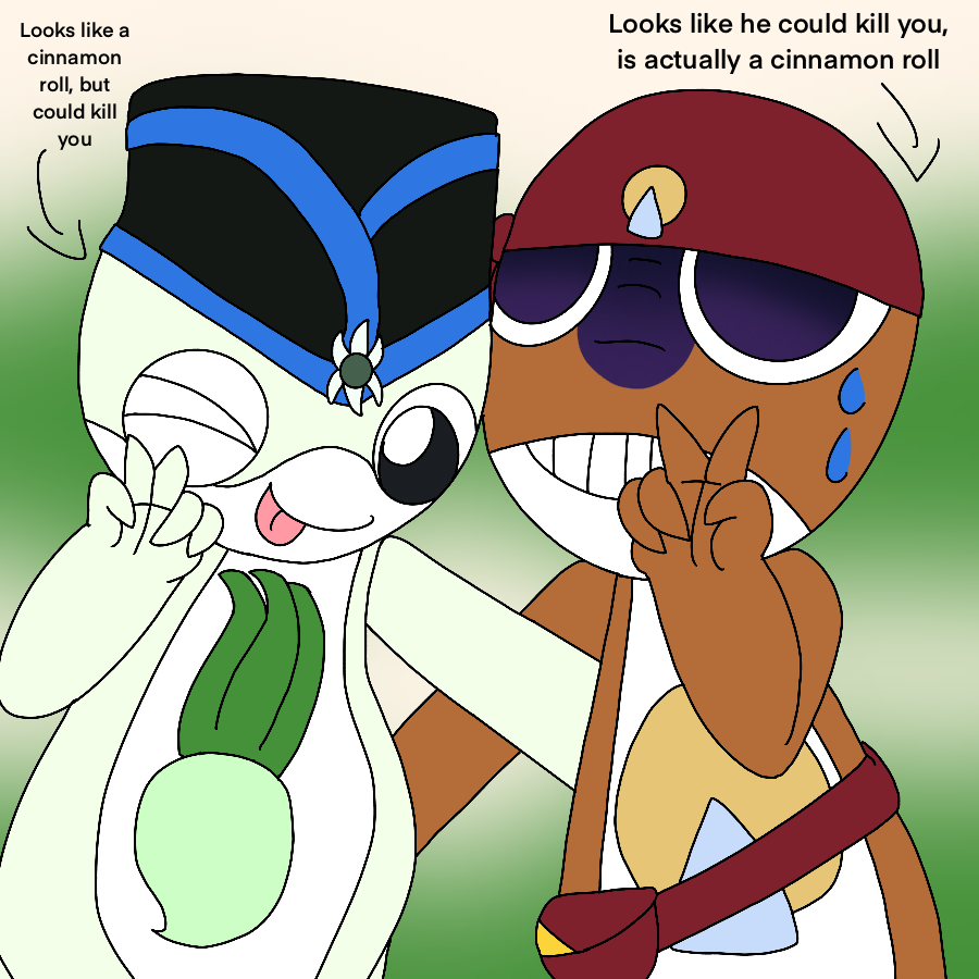 The artist's Sgt. Frog fan characters making peach signs together against a pale yellow and green gradient background. The first is a greenish-white Keronian with a belly emblem shaped like a bulb on the stalk and moderate tadpole markings who wears a black and blue Japanese chef hat with a garlic flower-shaped badge, and they playfully wink while an arrow pointing to them says looks like a cinnamon roll, could kill you. The second is a brown Keronian man with graident purple eyes and a purple gradient shadow over his face with a belly emblem shaped like a pie chart/fortune cookie who wears a dark red hat bandanna with a badge identical to his belly emblem and a burgundy fanny pack, and he awkwardly sweats while posing as an arrow pointing to him says looks like he could kill you, is actually a cinnamon roll.