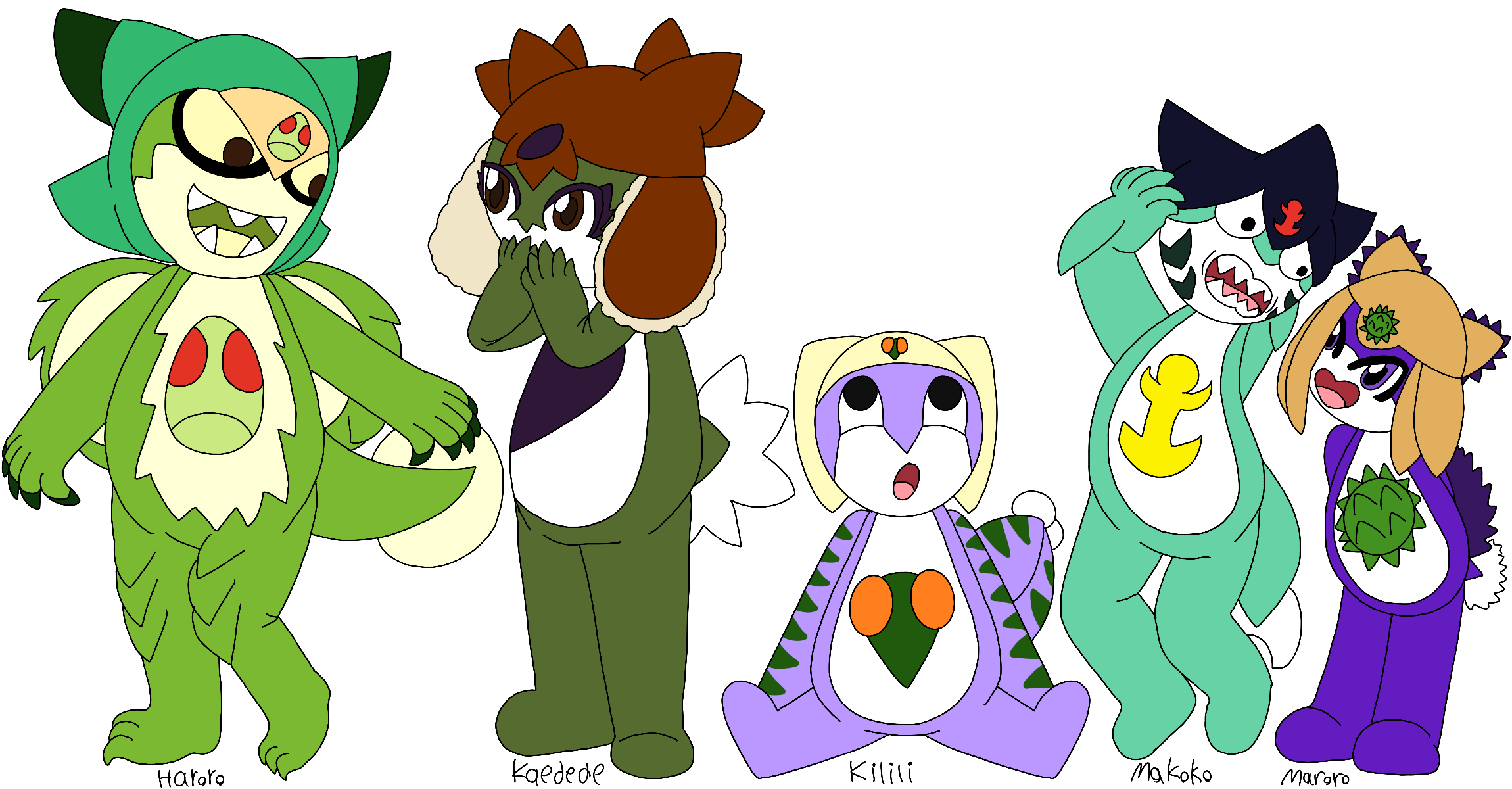 A lineup of five Keronian tadpoles, some of which are hybrids, standing in a row in varying expressions and poses. Each tadpole has thier name written underneath them.