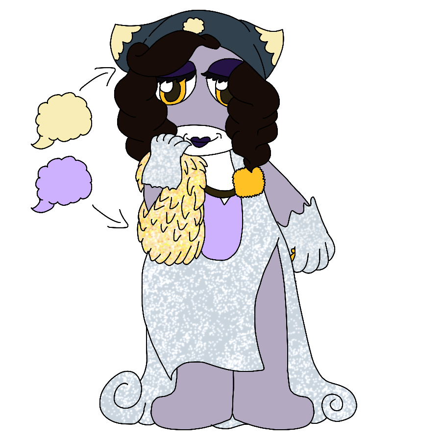 A reference for the artist's Sgt. Frog fan character, a dull lavender elderly Keronian woman with fluffy black hair and an emblem shaped like a lavender, cloud-shaped thought bubble who wears dark purple eyeshadow and lipstick, a dark teal hat with light yellow accents and a badge shaped like a light yellow, cloud-shaped thought bubble, a sparkly pale blue flapper dress with a marigold attached to it via cord, a sparkly gold feather boa, and sparkly pale teal gloves. She clutches a satchet in one hand while the other is held to her smiling face, and there are arrows beside her indicated the full designs for her badge and emblem