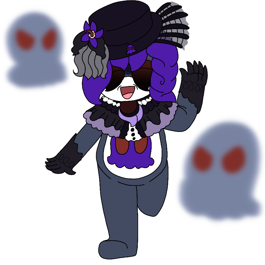 A reference for the artist's Sgt. Frog fan character, a dark teal elderly Keronian woman with bright purple braided hair who has a purple ghost with red eyes as her emblem. She wears red to black gradient eyeshadow painted in a curved manner, a gothic top hat with a badge of her ghost emblem, a nightshade flower with wilted leaves underneath it, a gothic layered petticoat with a large gem in its center, and black gloves, and she grins morbidly and runs while angry-looking ghosts float beside her.