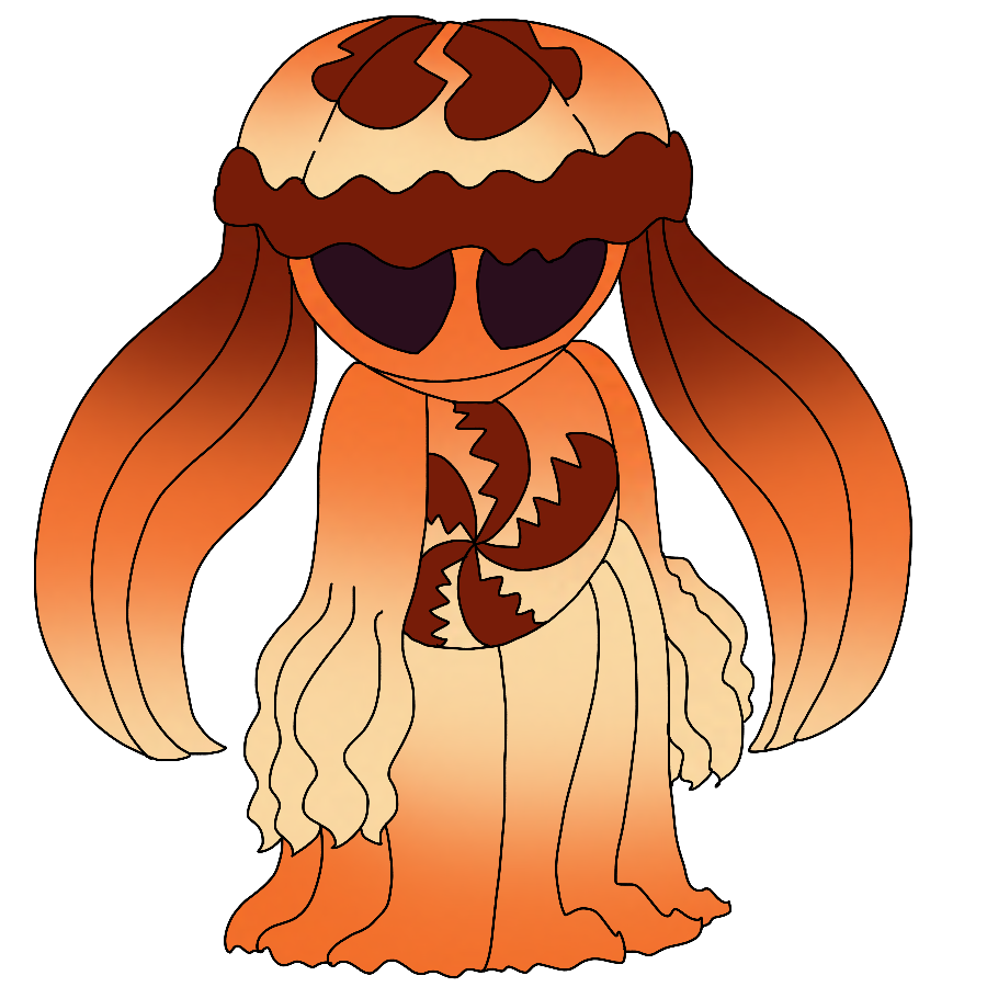 A reference for the artist's Sgt. Frog fan character, an orange and light yellow gradient alien that loosely resembles a jellyfish. She has a giant cap shaped like a jellyfish with burgundy frills and broken-heart emblems atop her head, a gray alien-like face with wide, dark eyes, circling burgundy broken-heart emblems on her chest, and long tentacles for hands and legs. She shuffles forward with a neutral look.