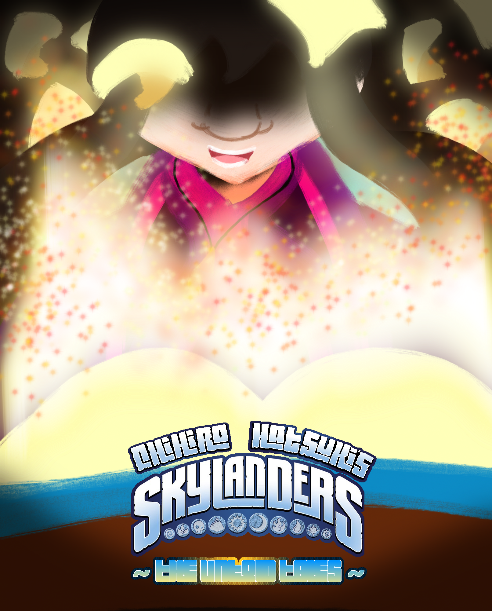The cover art for Chihiro Hatsuki's Skylanders: The Untold Tales. It shows the artist's Skylanders fan character smiling widely while standing in front of a glowing, open book on a table in a dark room while glowing pages fly around her, and it is done in a messy, painterly style.