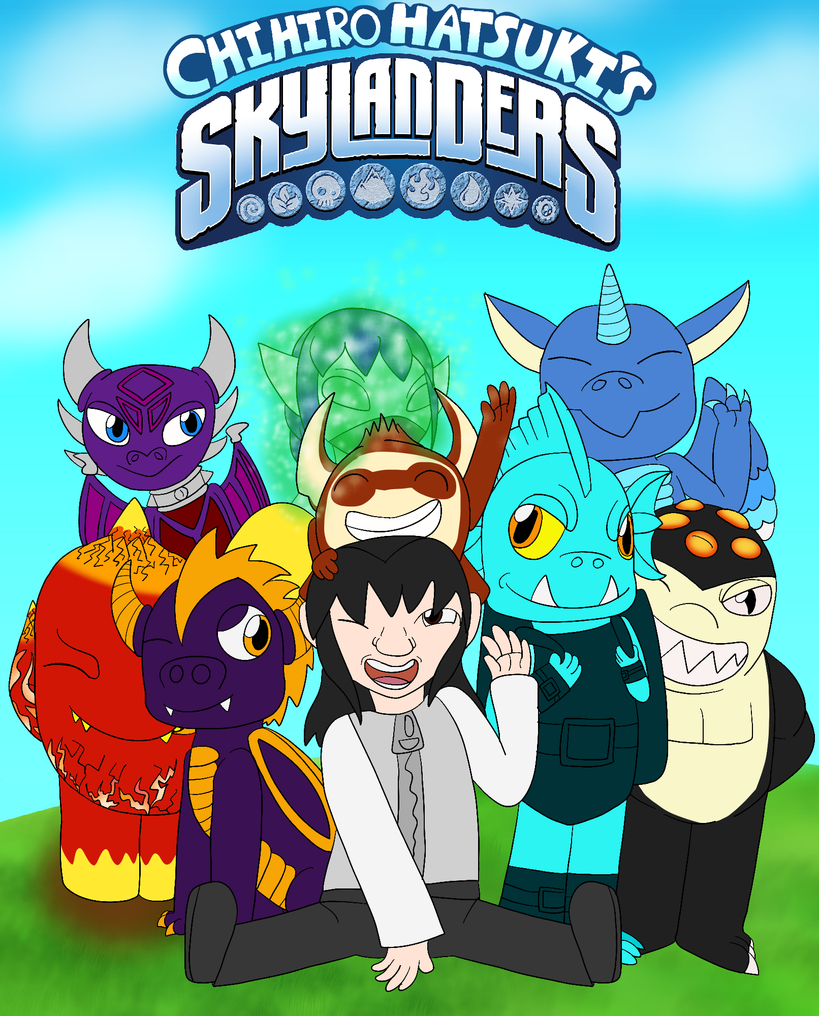 The cover art for Chihiro Hatsuki's Skylanders. It shows the main eight Skylanders (Trigger Happy, Spyro, Gill Grunt, Eruptor, Terrafin, Cynder, Stealth Elf, and Whirlwind) gathered around the artist's Skylanders original character, a human child in monochrome clothing, as they stand on a grassy area against a blue sky. The story's logo is placed above them.