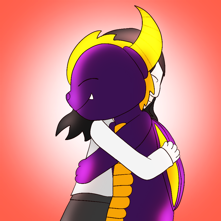 Skylanders Spyro and the artist's Skylanders original character, a human child in monochrome clothing, smiling and hugging against a gradient background.