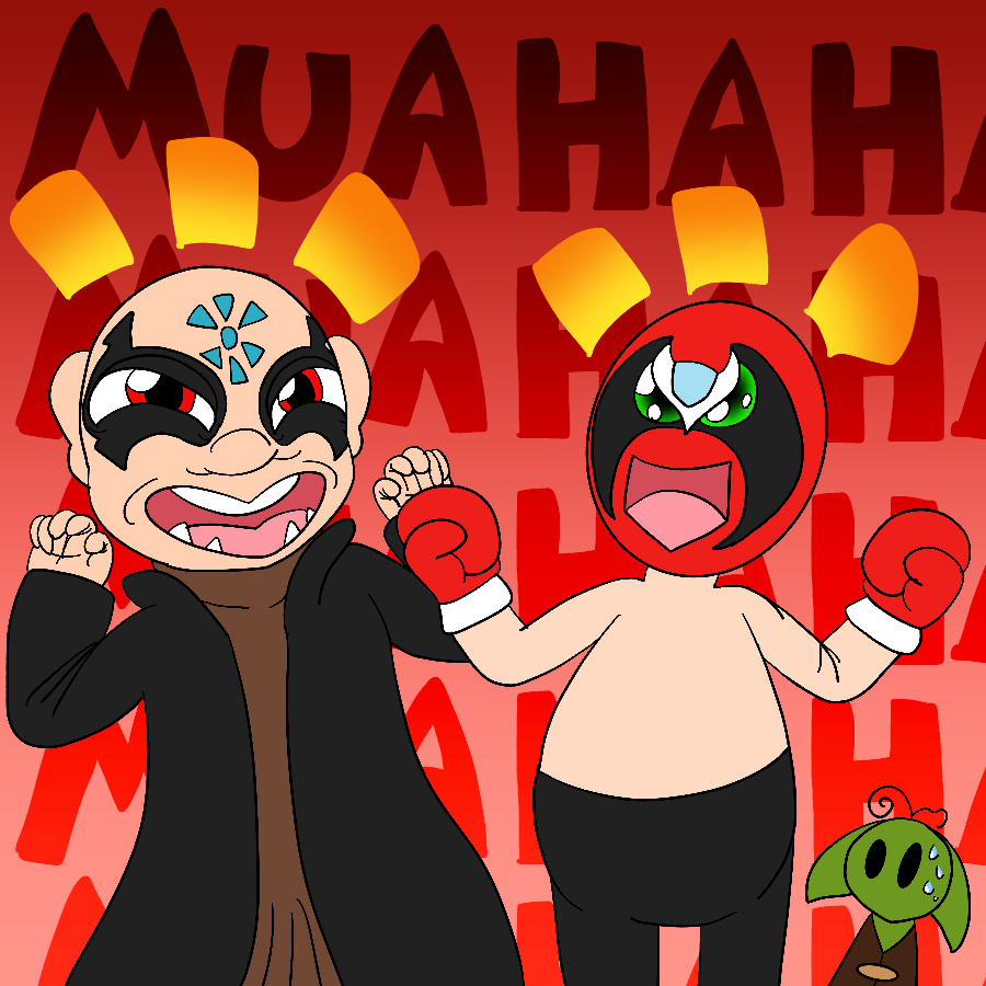 Kaos from Skylanders and Strong Bad from Homestar Runner laughing maniacially together, as represented by large strings of villainous laughter in the background. In the distance, Glumshanks sweats profusely.