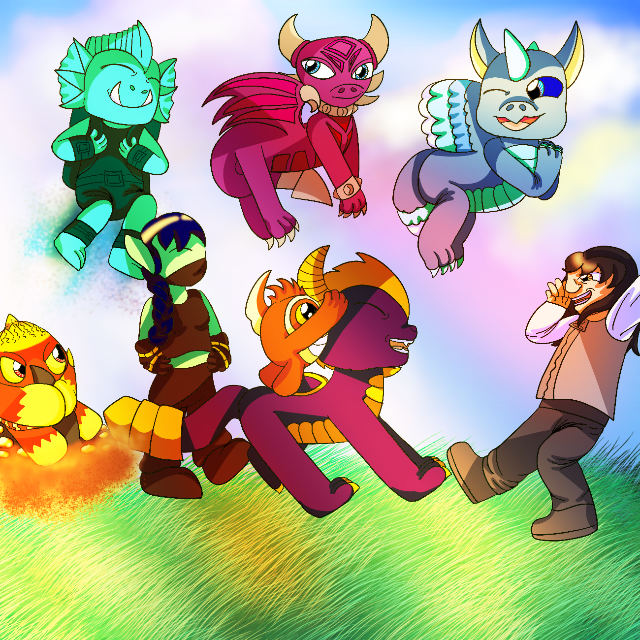 A brightly-colored digital drawing of the artist's Skylanders original character, a human child in monochrome clothing, walking and beckoning towards the main eight Skylanders (Trigger Happy, Spyro, Gill Grunt, Eruptor, Terrafin, Cynder, Stealth Elf, and Whirlwind) as they all grin and follow after her.