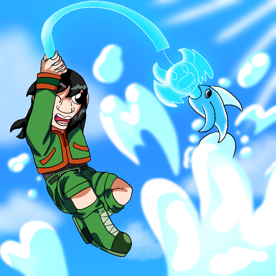 The artist's Skylanders original character, a human child in monochrome clothing, dressed as Gon Freecss from Hunter x Hunter. She grins and leaps up against a cloudy blue sky as she fishes out a fish with a magical fishing rod that has a lure shaped like Skylanders Spyro's head.