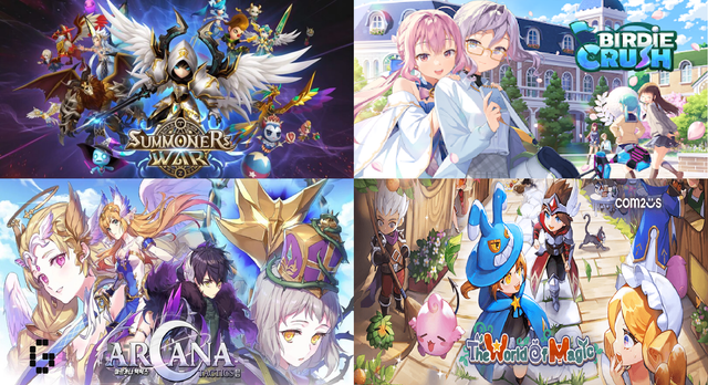 Graphics showing artwork from several other Com2us games. The games used include Summoner’s War, Birdie Crush, Arcana Tactics and The World of Magic, all of which utilize a similarly cartoony/’aeni-esque” style to Ring of Heroes.